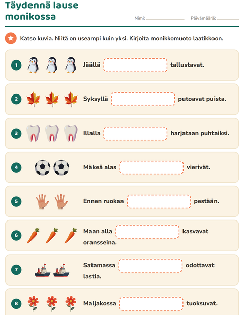 Esikatselu: Täydennä lauseet-tehtäväarkki, 2. luokka