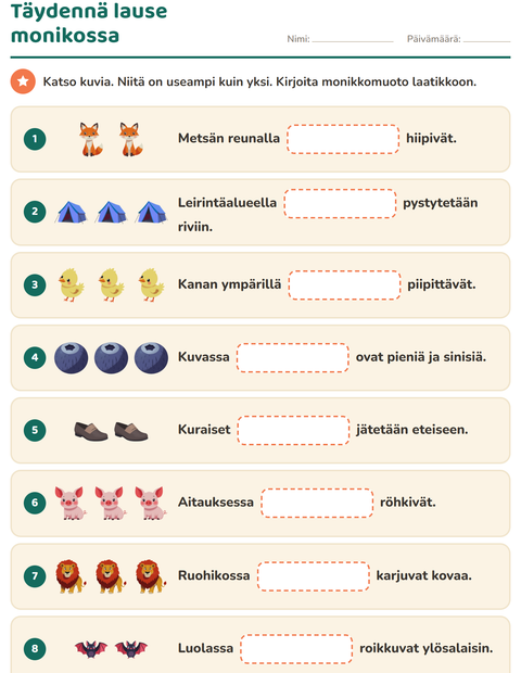 Esikatselu: Täydennä lauseet-tehtäväarkki, 2. luokka