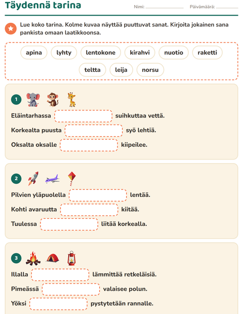 Esikatselu: Täydennä lauseet-tehtäväarkki, 2. luokka