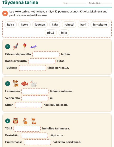Täydennä kolme kuvasarjaa yhdeksällä sanalla