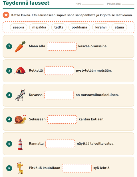 Esikatselu: Täydennä lauseet-tehtäväarkki, 1. luokka