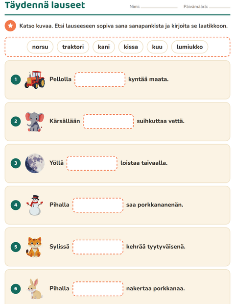 Esikatselu: Täydennä lauseet-tehtäväarkki, 1. luokka