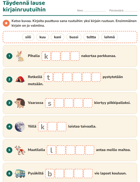 Esikatselu: Täydennä lauseet-tehtäväarkki, 1. luokka