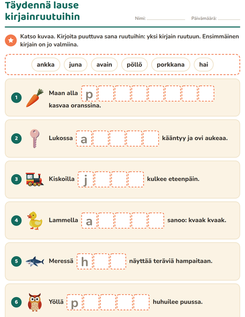 Esikatselu: Täydennä lauseet-tehtäväarkki, 1. luokka