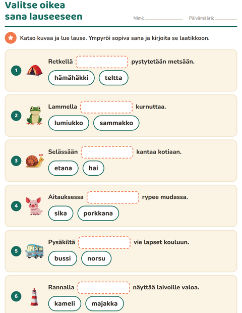 Esikatselu: Täydennä lauseet-tehtäväarkki, 1. luokka