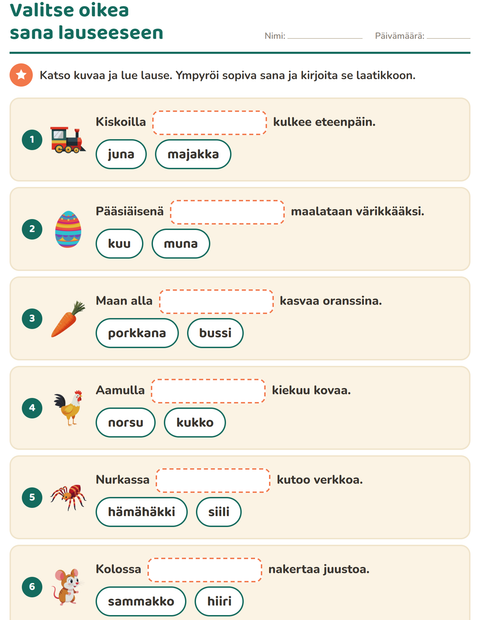 Esikatselu: Täydennä lauseet-tehtäväarkki, 1. luokka