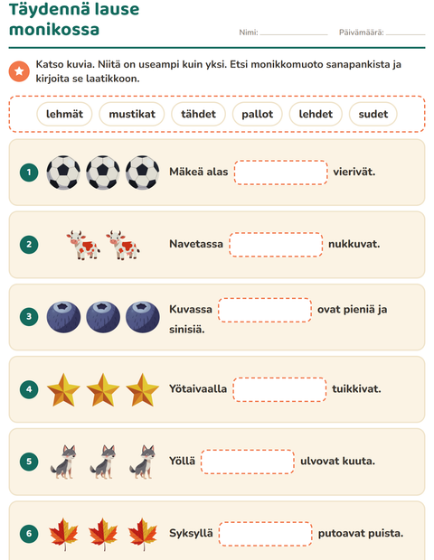 Esikatselu: Täydennä lauseet-tehtäväarkki, 2. luokka