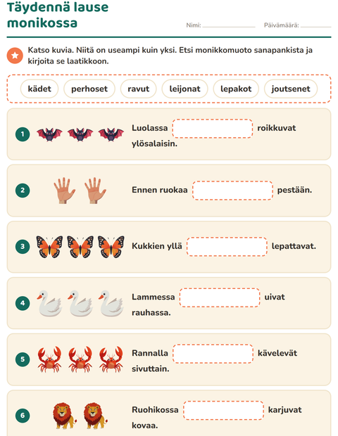 Esikatselu: Täydennä lauseet-tehtäväarkki, 2. luokka