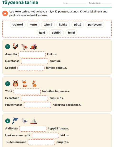 Esikatselu: Täydennä lauseet-tehtäväarkki, 2. luokka