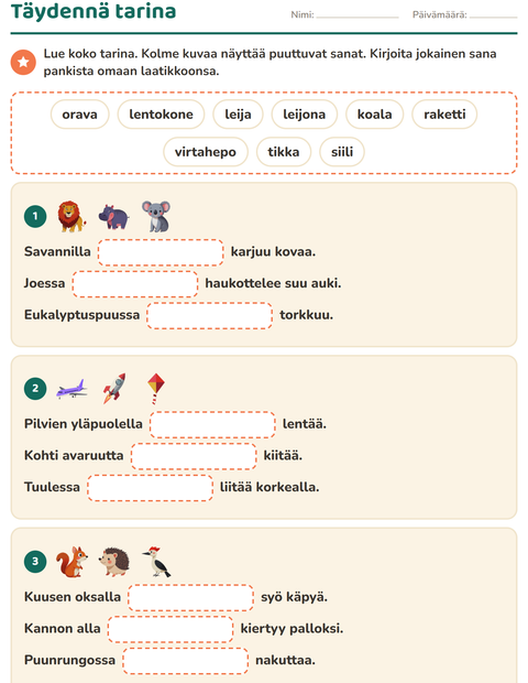 Esikatselu: Täydennä lauseet-tehtäväarkki, 2. luokka
