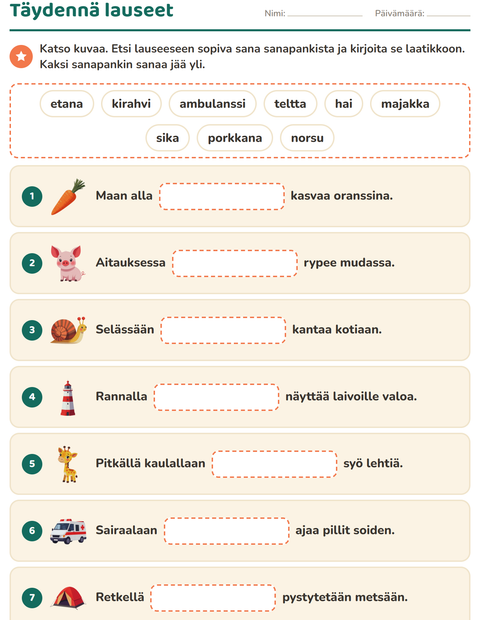 Esikatselu: Täydennä lauseet-tehtäväarkki, 1. luokka