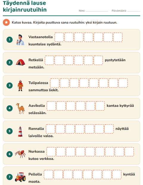 Esikatselu: Täydennä lauseet-tehtäväarkki, 1. luokka