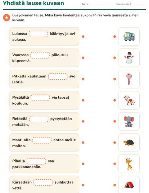 Esikatselu: Täydennä lauseet-tehtäväarkki, 1. luokka