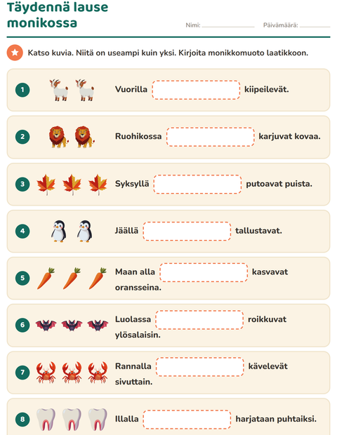 Esikatselu: Täydennä lauseet-tehtäväarkki, 2. luokka