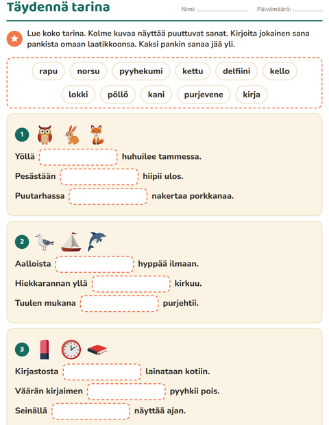 Esikatselu: Täydennä lauseet-tehtäväarkki, 2. luokka