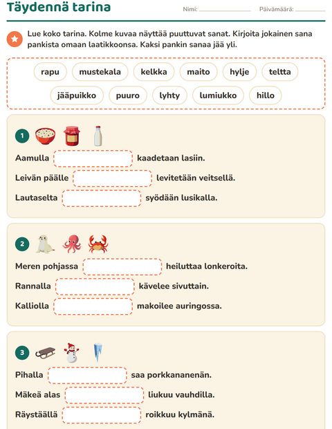 Esikatselu: Täydennä lauseet-tehtäväarkki, 2. luokka