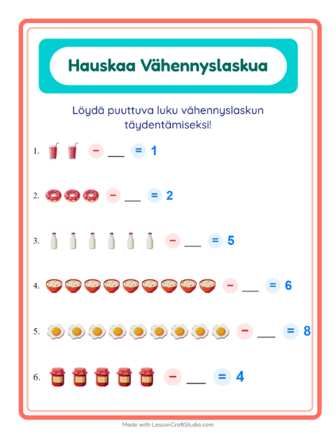 Esikatselu: Vähennyslasku-tehtäväarkki, aiheena Aamiainen, Esiopetus