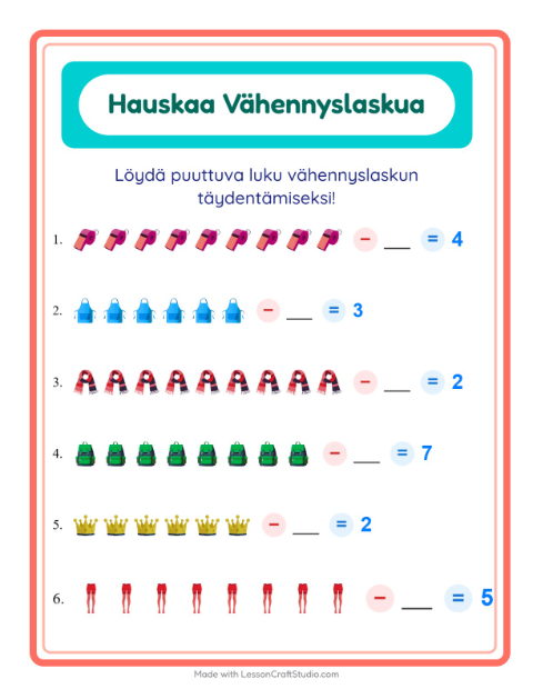 Esikatselu: Vähennyslasku-tehtäväarkki, aiheena Asusteet, Esiopetus