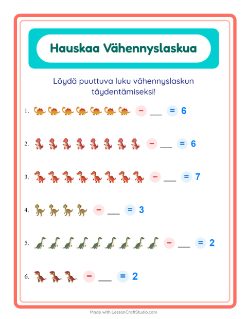 Etsi vähennettävä luku – Dinosaurukset