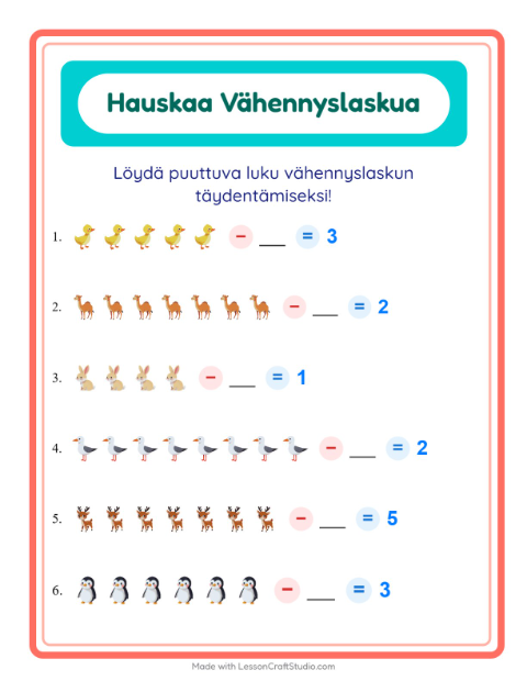 Esikatselu: Vähennyslasku-tehtäväarkki, aiheena Eläimet, Esiopetus