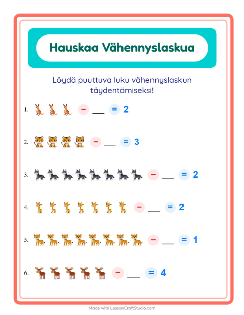 Etsi vähennettävä luku – Eläintarhan eläimet