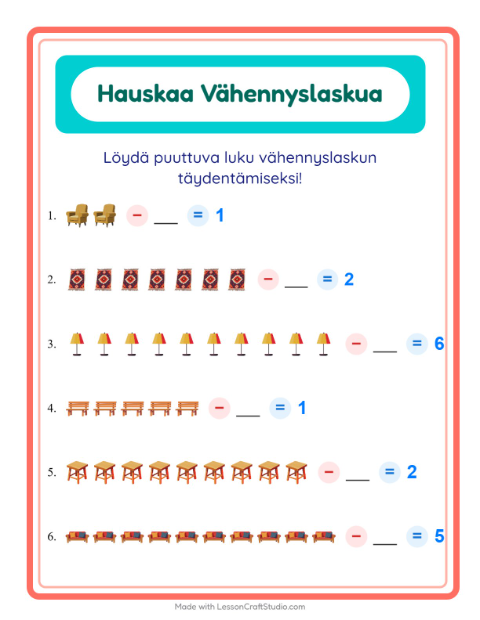 Etsi vähennettävä luku – Huonekalut