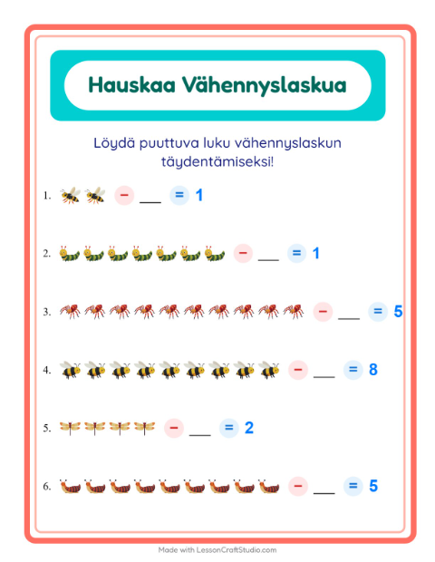 Etsi vähennettävä luku – Hyönteiset ja ötökät