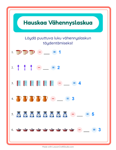 Etsi vähennettävä luku – Keittiövälineet