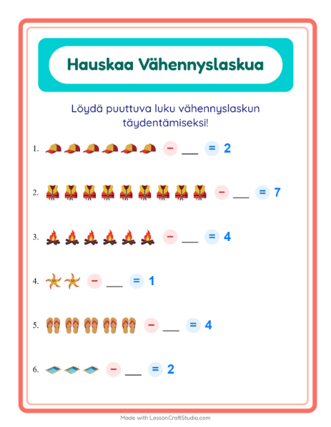 Esikatselu: Vähennyslasku-tehtäväarkki, aiheena Kesä, Esiopetus