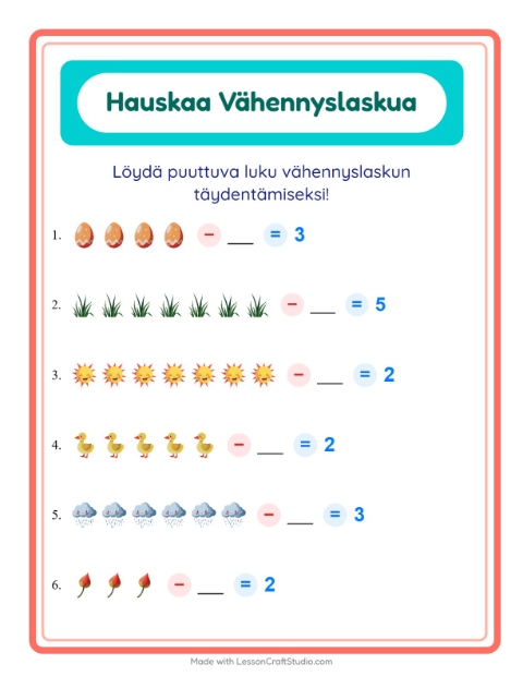 Esikatselu: Vähennyslasku-tehtäväarkki, aiheena Kevät, Esiopetus