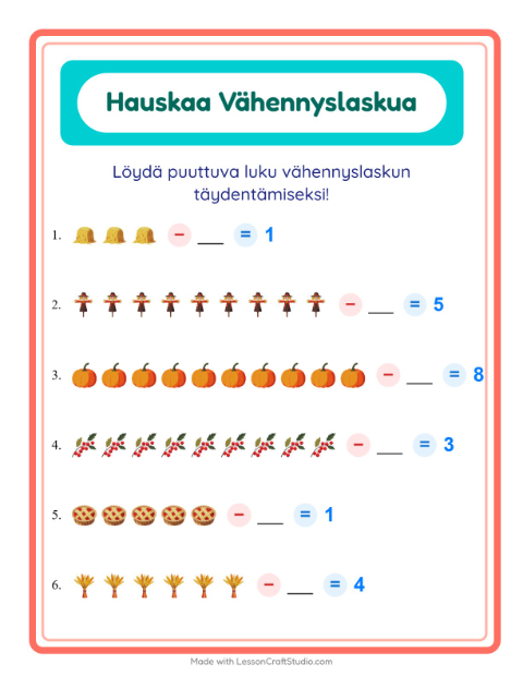 Esikatselu: Vähennyslasku-tehtäväarkki, aiheena Kiitospäivä, Esiopetus