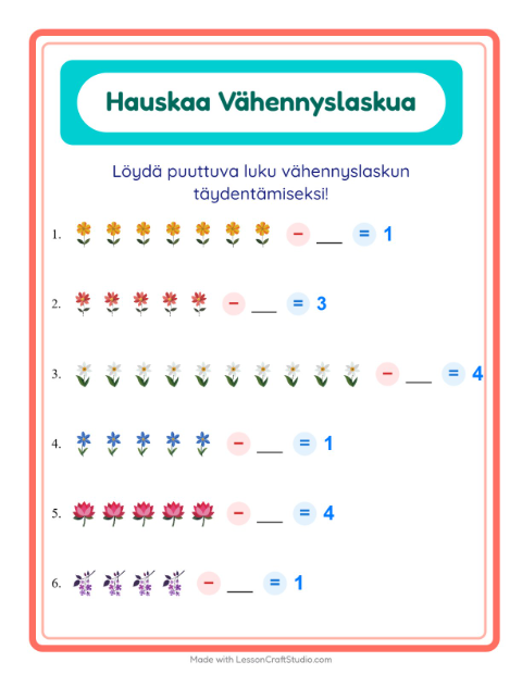 Esikatselu: Vähennyslasku-tehtäväarkki, aiheena Kukat, Esiopetus