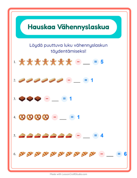 Esikatselu: Vähennyslasku-tehtäväarkki, aiheena Leipomo, Esiopetus