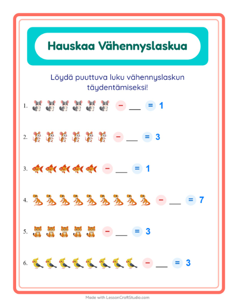 Etsi vähennettävä luku – Lemmikit