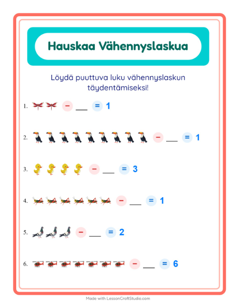 Etsi vähennettävä luku – Lentävät asiat