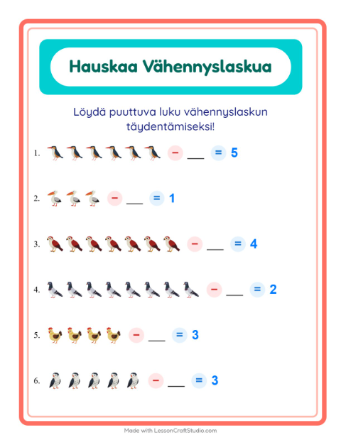 Etsi vähennettävä luku – Linnut 2