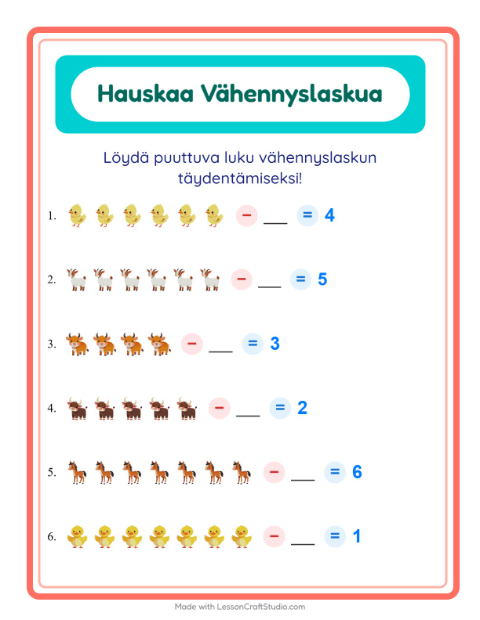 Etsi vähennettävä luku – Maatilan eläimet