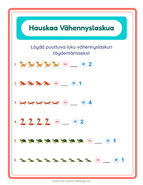 Esikatselu: Vähennyslasku-tehtäväarkki, aiheena Matelijat ja sammakkoeläimet, Esiopetus