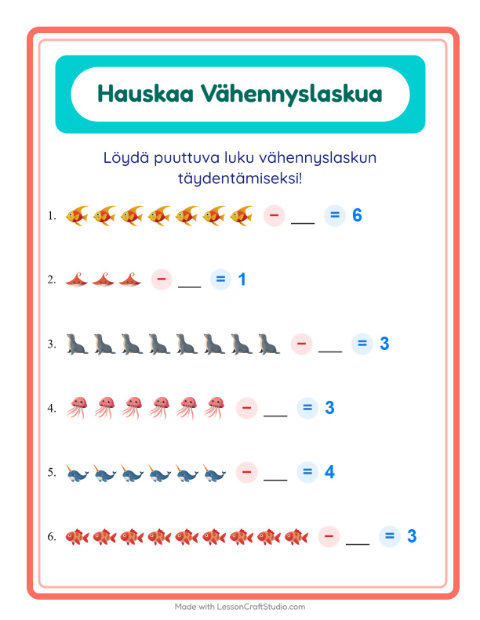 Esikatselu: Vähennyslasku-tehtäväarkki, aiheena Merielämä, Esiopetus
