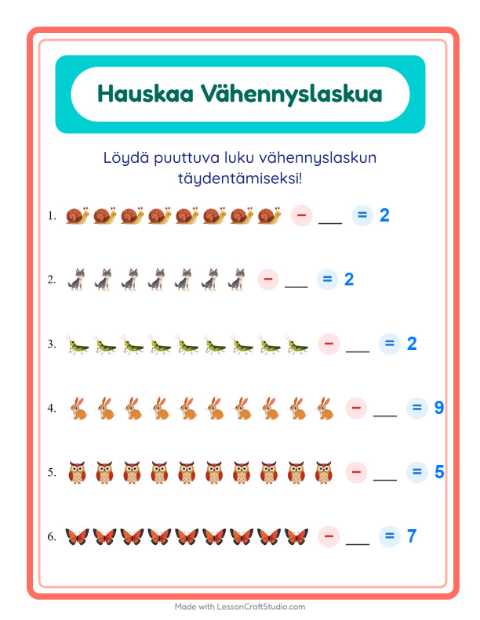 Etsi vähennettävä luku – Metsän eläimet
