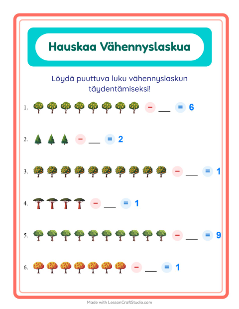 Esikatselu: Vähennyslasku-tehtäväarkki, aiheena Puut, Esiopetus