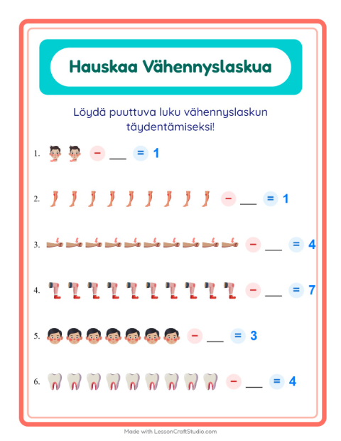 Esikatselu: Vähennyslasku-tehtäväarkki, aiheena Ruumiinosat, Esiopetus