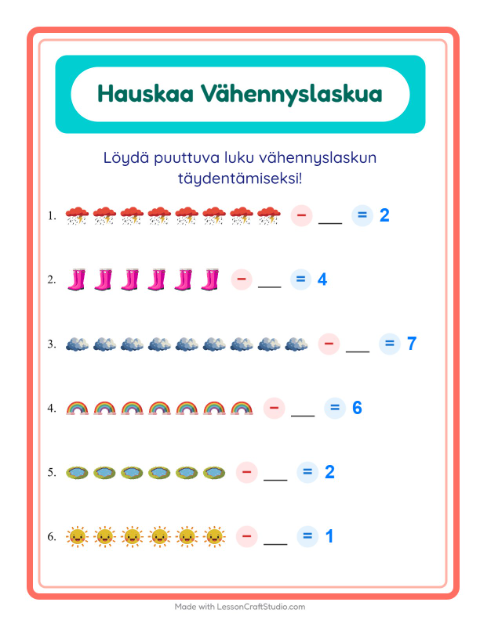Esikatselu: Vähennyslasku-tehtäväarkki, aiheena Sää, Esiopetus