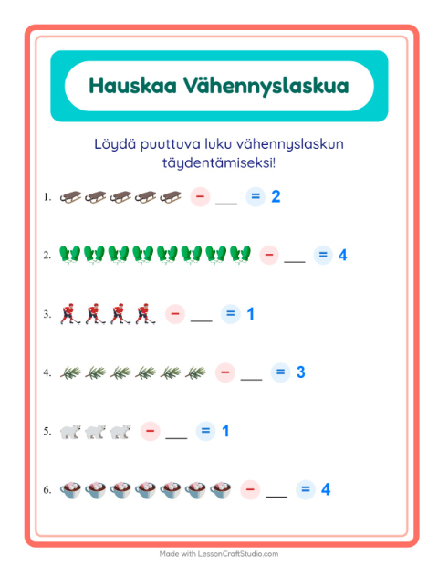 Esikatselu: Vähennyslasku-tehtäväarkki, aiheena Talvi, Esiopetus