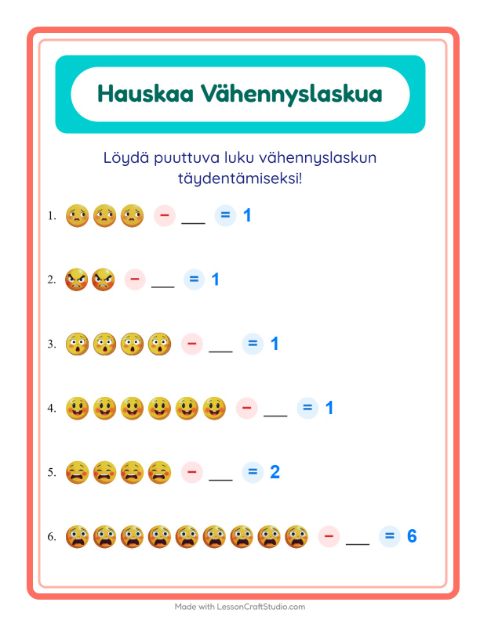 Esikatselu: Vähennyslasku-tehtäväarkki, aiheena Tunteet, Esiopetus