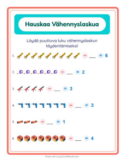 Esikatselu: Vähennyslasku-tehtäväarkki, aiheena Työkalut, Esiopetus
