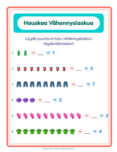 Esikatselu: Vähennyslasku-tehtäväarkki, aiheena Vaatteet, Esiopetus