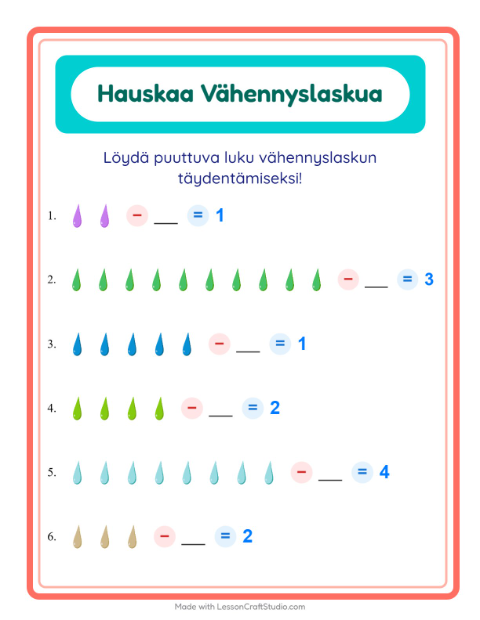 Esikatselu: Vähennyslasku-tehtäväarkki, aiheena Värit, Esiopetus