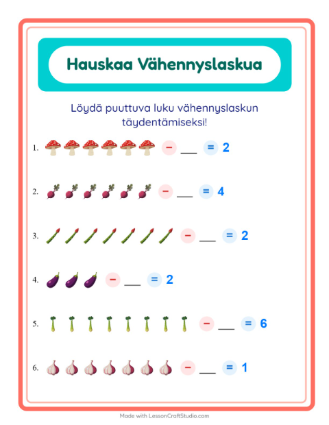 Esikatselu: Vähennyslasku-tehtäväarkki, aiheena Vihannekset, Esiopetus