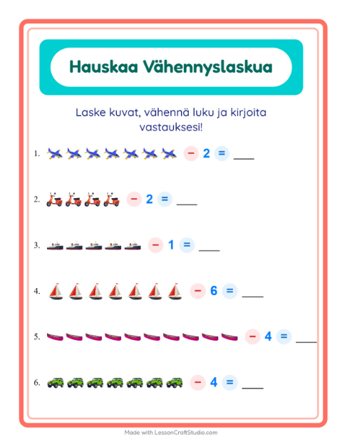 Vähennä luku kuvista – Ajoneuvot